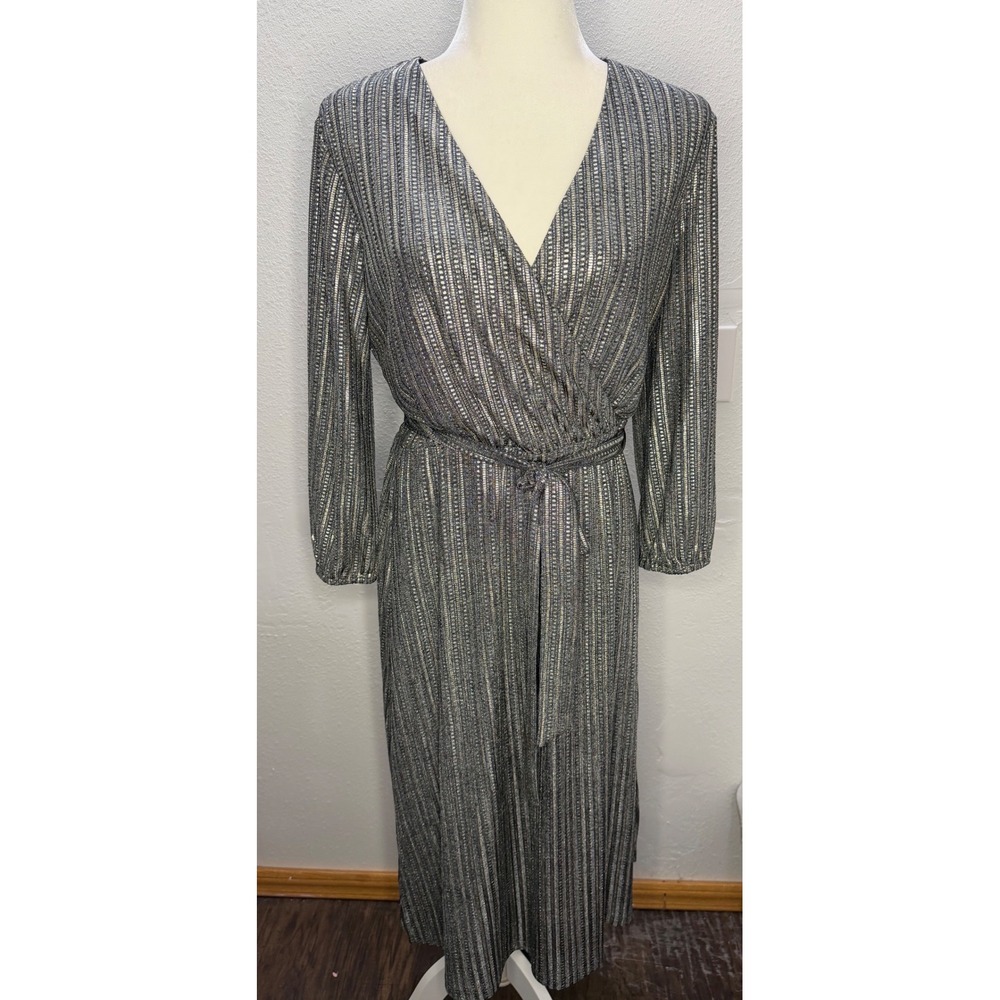 Cupio Womens Silver Metallic Striped Wrap Midi Dress Long Sleeve Medium D48065